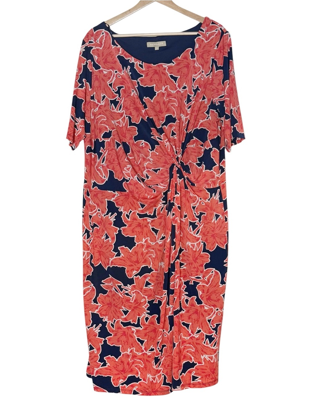 Anthology Floral Knot Ruched Stretch Jersey Knit Knee Pullover Dress Size 16